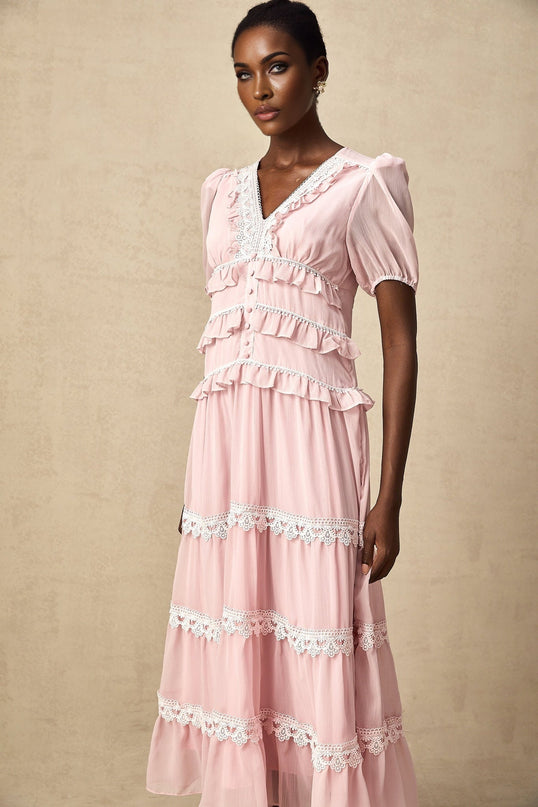 Teresa Pink Lace Trim Tiered Midi Dress