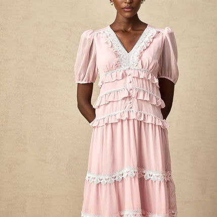 Teresa Pink Lace Trim Tiered Midi Dress