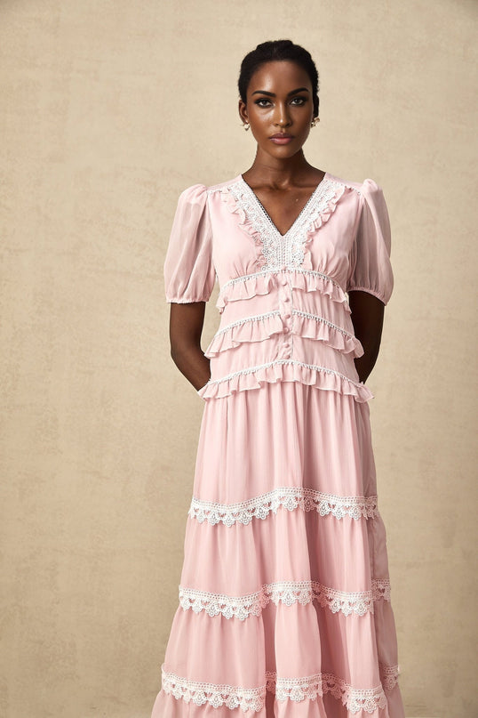 Teresa Pink Lace Trim Tiered Midi Dress