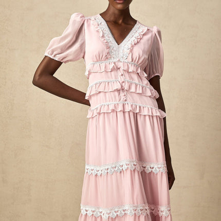 Teresa Pink Lace Trim Tiered Midi Dress