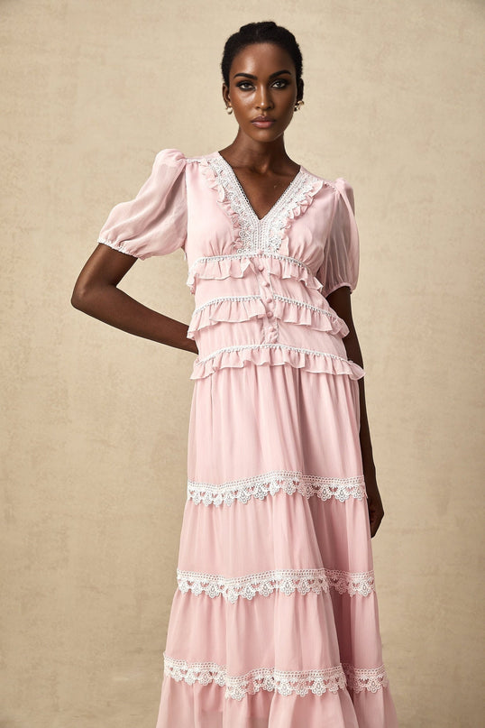 Teresa Pink Lace Trim Tiered Midi Dress