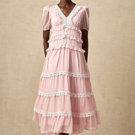 Teresa Pink Lace Trim Tiered Midi Dress