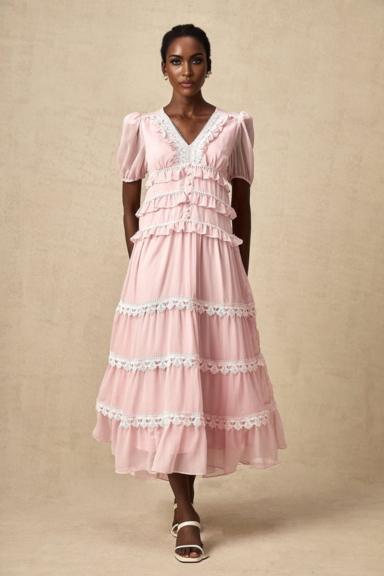 Teresa Pink Lace Trim Tiered Midi Dress
