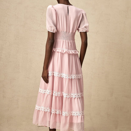 Teresa Pink Lace Trim Tiered Midi Dress