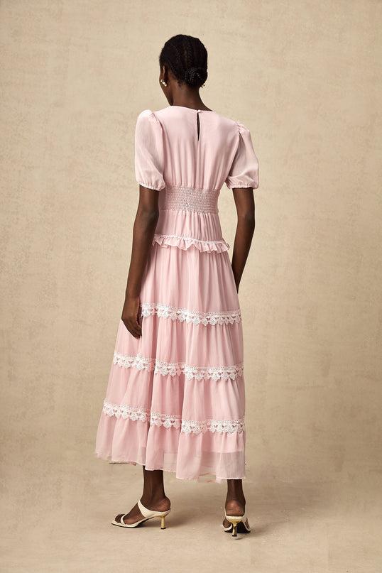 Teresa Pink Lace Trim Tiered Midi Dress