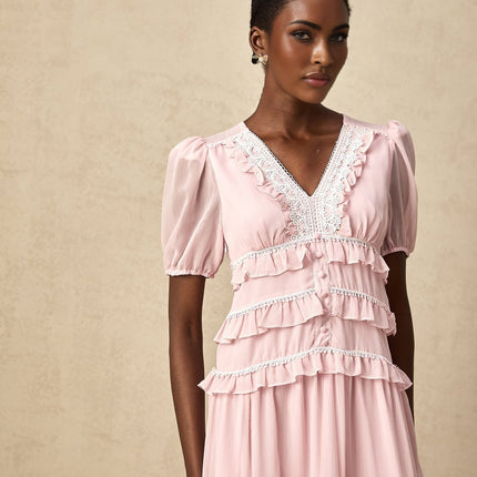 Teresa Pink Lace Trim Tiered Midi Dress