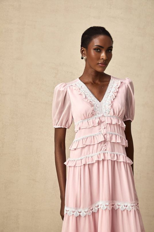 Teresa Pink Lace Trim Tiered Midi Dress