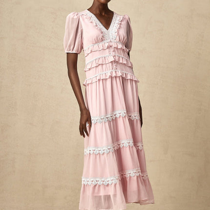 Teresa Pink Lace Trim Tiered Midi Dress
