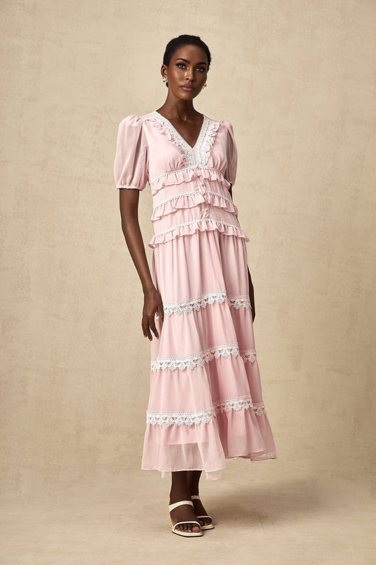 Teresa Pink Lace Trim Tiered Midi Dress
