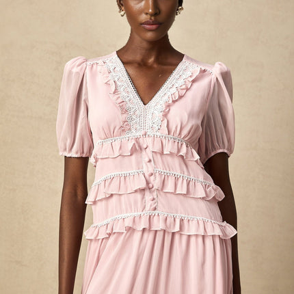 Teresa Pink Lace Trim Tiered Midi Dress