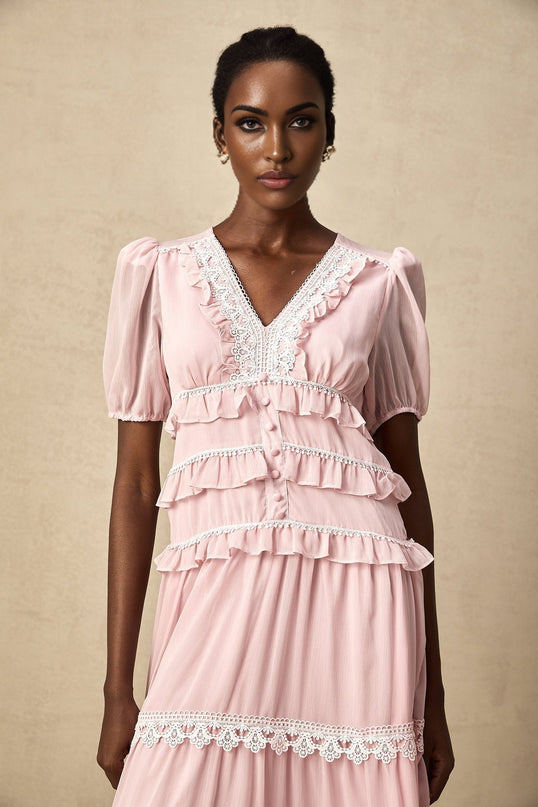 Teresa Pink Lace Trim Tiered Midi Dress