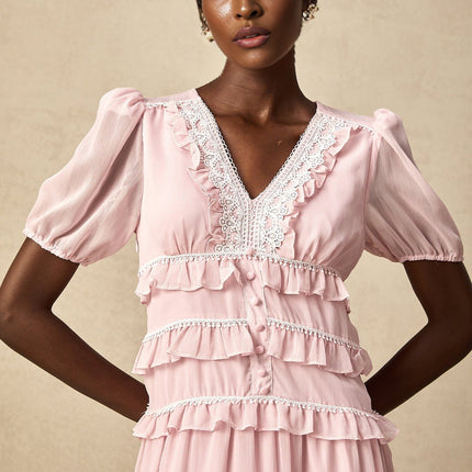 Teresa Pink Lace Trim Tiered Midi Dress