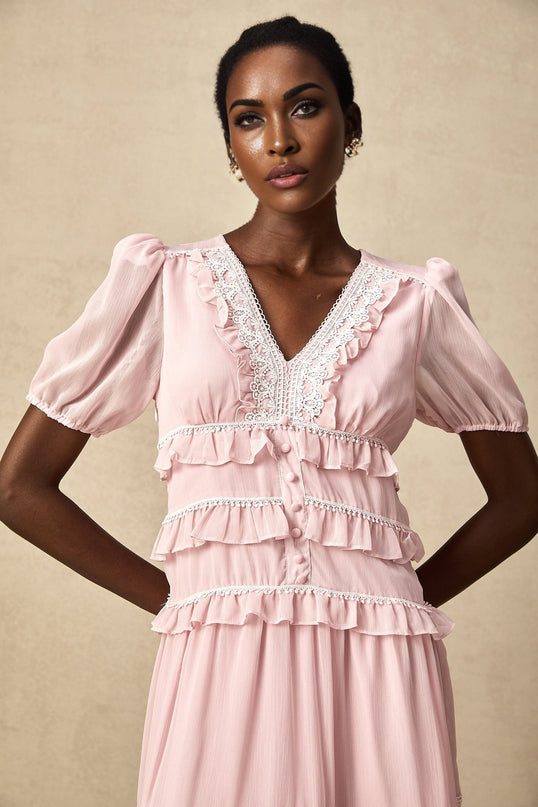 Teresa Pink Lace Trim Tiered Midi Dress