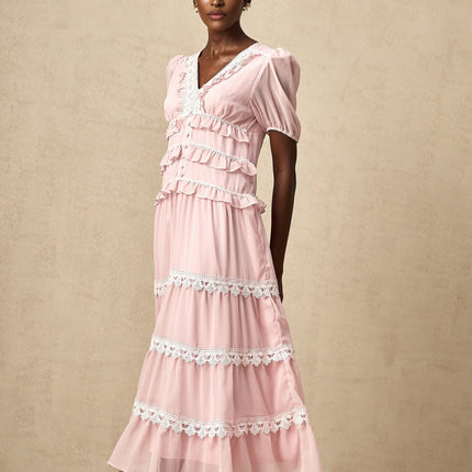 Teresa Pink Midi Dress with Puff Sleeves and Ruffle Details