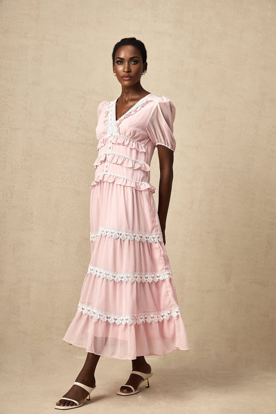 Teresa Pink Midi Dress with Puff Sleeves and Ruffle Details