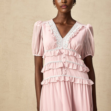 Teresa Pink Midi Dress V-neck Puff Sleeves Ruffle Lace Trim Tiered Shirred Panel Calf-length Button Fastening Terylene Viscose Blend Sophisticated Elegant