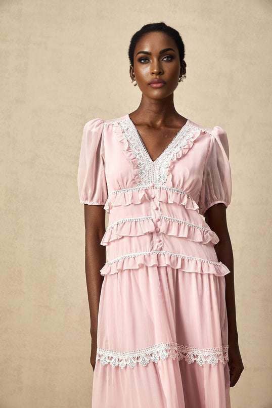 Teresa Pink Midi Dress V-neck Puff Sleeves Ruffle Lace Trim Tiered Shirred Panel Calf-length Button Fastening Terylene Viscose Blend Sophisticated Elegant