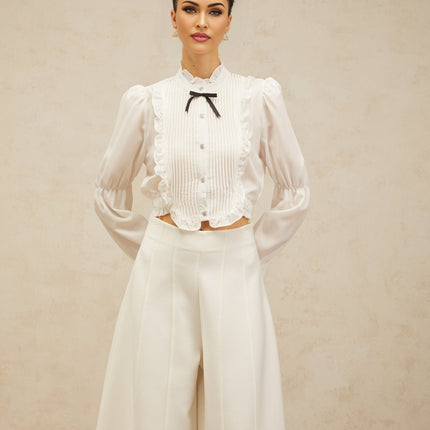 Teresa White Bowknot Ruffled and Shirred Panel Shirt