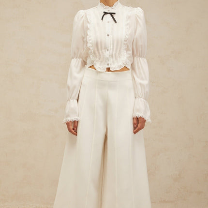 Teresa White Bowknot Ruffled Shirred Panel Shirt