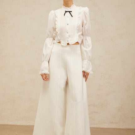 Teresa White Bowknot Ruffled Shirred Panel Shirt