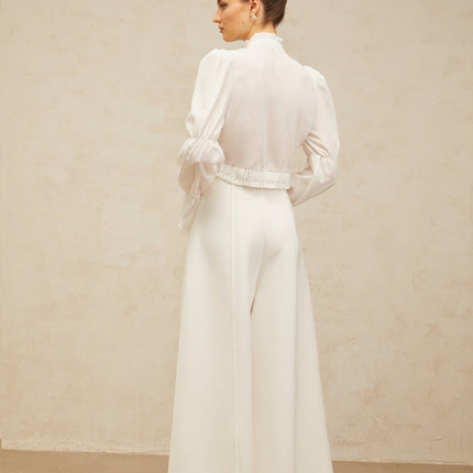 Teresa White Bowknot Ruffled Shirred Panel Shirt