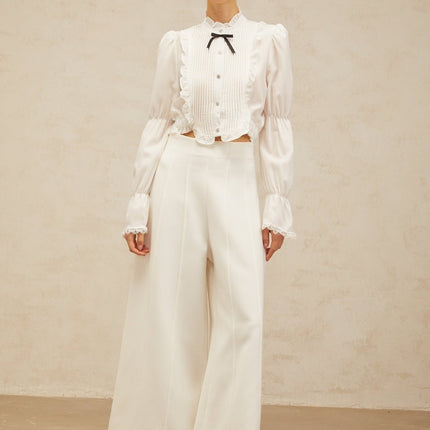 Teresa White Bowknot Ruffled Shirred Panel Shirt
