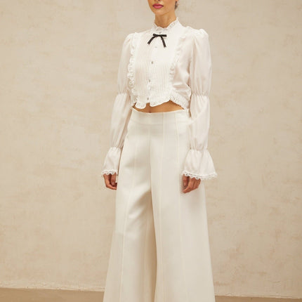 Teresa White Bowknot Ruffled Shirred Panel Shirt