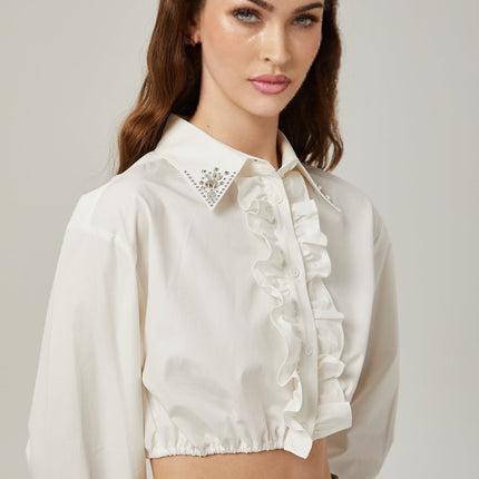 Teresa White Crystal Embellished Ruffled Shirt 54 Cotton 46 Polyester Long Sleeve Button Fastening Size S Model 5'10