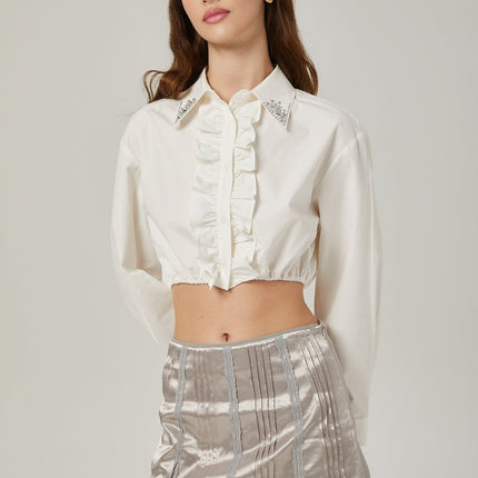 Teresa White Crystal Embellished Ruffled Shirt 54 Cotton 46 Polyester Long Sleeve Button Fastening