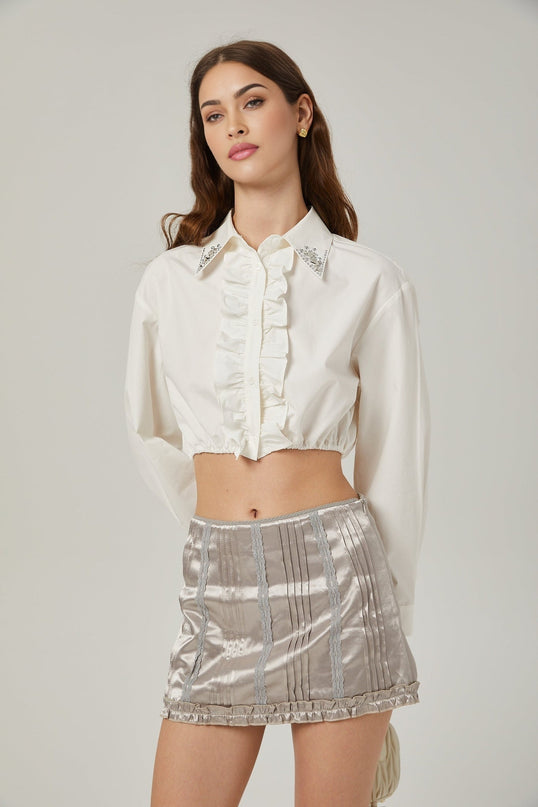 Teresa White Crystal Embellished Ruffled Shirt 54 Cotton 46 Polyester Long Sleeve Button Fastening
