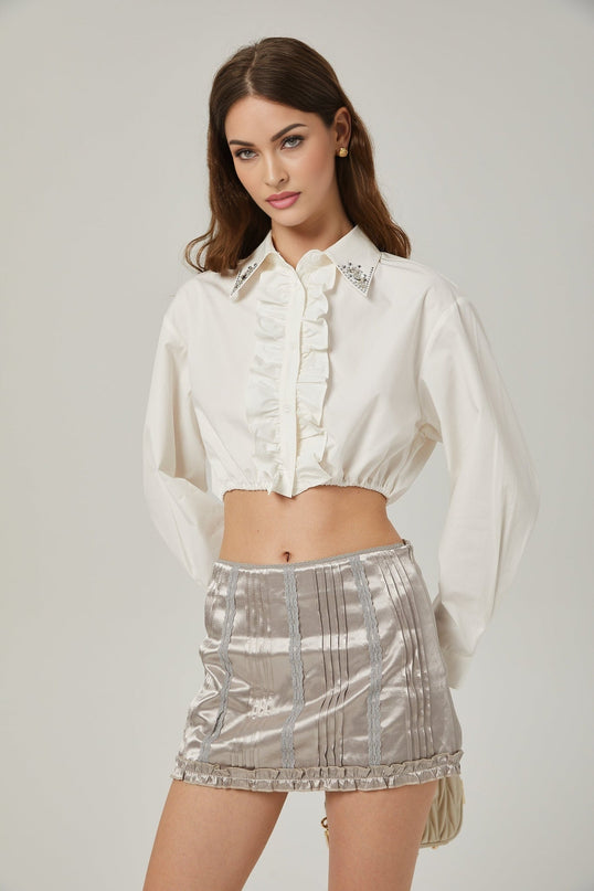 Teresa White Crystal Embellished Ruffled Shirt 54% Cotton 46% Polyester Long Sleeve Front Button Fastening Size S Model 5'10