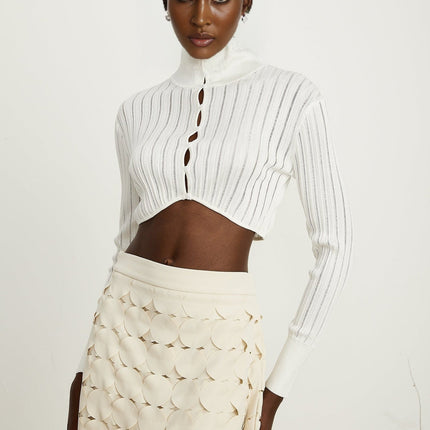 Teresa White Ribbed Knit Crop Top with High Neck and Button Fastening