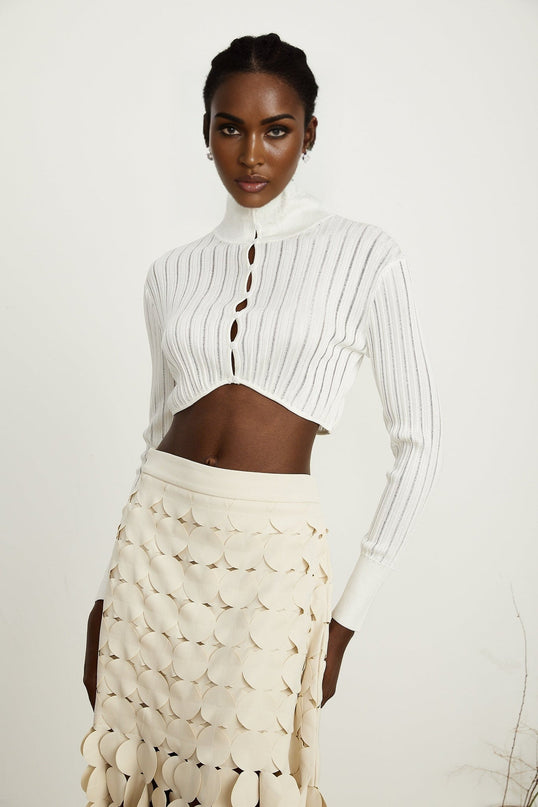 Teresa White Ribbed Knit Crop Top with High Neck and Button Fastening