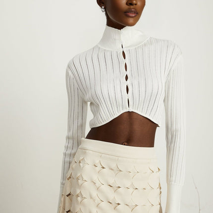 Teresa White Ribbed Knit Crop Top High Neck Long Sleeve Button Fastening