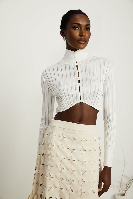 Teresa White Ribbed Knit Crop Top High Neck Long Sleeve Button Fastening