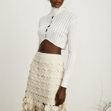 Teresa White Ribbed Knit Crop Top with High Neck and Front Button Fastening