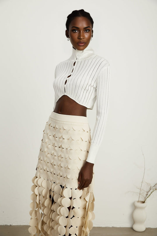 Teresa White Ribbed Knit Crop Top with High Neck and Front Button Fastening