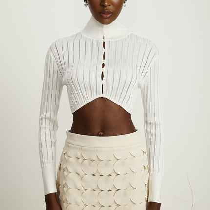 Teresa White Ribbed Knit Crop Top with High Neck and Front Button Fastening