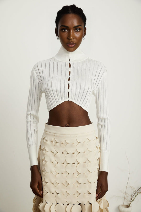 Teresa White Ribbed Knit Crop Top with High Neck and Front Button Fastening