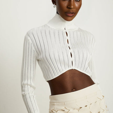 Teresa White Ribbed Knit Crop Top High Neck Button Fastening Long Sleeve