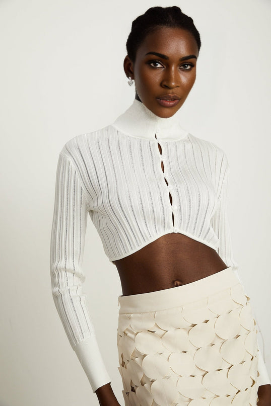 Teresa White Ribbed Knit Crop Top High Neck Button Fastening Long Sleeve