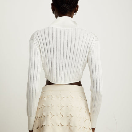Teresa White Ribbed Knit Crop Top with High Neck and Front Button Fastening