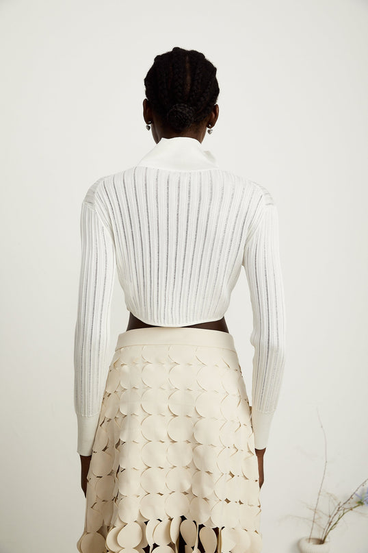 Teresa White Ribbed Knit Crop Top with High Neck and Front Button Fastening
