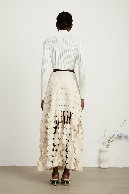 Teresa White Ribbed Knit Crop Top with High Neck and Button Fastening