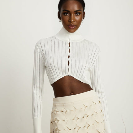 Teresa White Ribbed Knit Crop Top High Neck Button Fastening Long Sleeves Contemporary Charm Premium Composition
