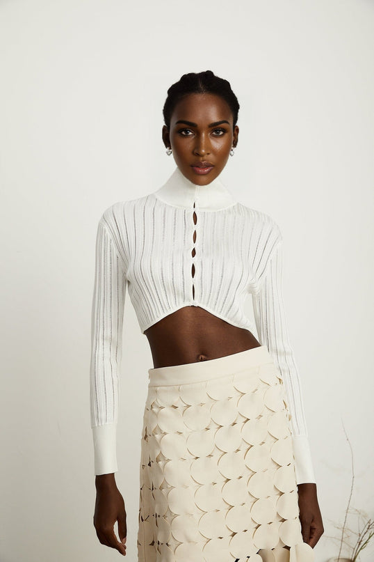Teresa White Ribbed Knit Crop Top High Neck Button Fastening Long Sleeves Contemporary Charm Premium Composition