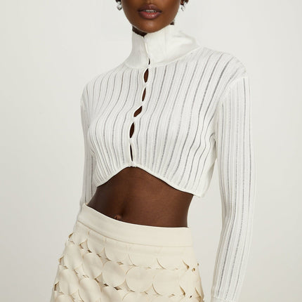 Teresa White Ribbed Knit Crop Top High Neck Button Fastening Long Sleeve