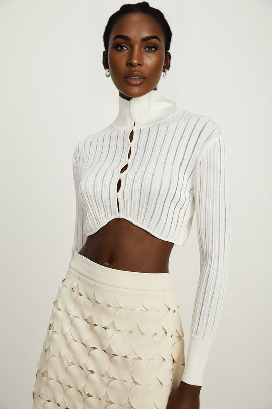 Teresa White Ribbed Knit Crop Top High Neck Button Fastening Long Sleeve