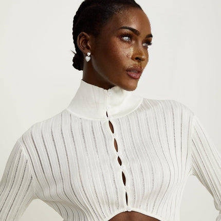 Teresa White Ribbed Knit Crop Top with High Neck and Front Button Fastening