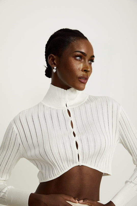 Teresa White Ribbed Knit Crop Top with High Neck and Front Button Fastening